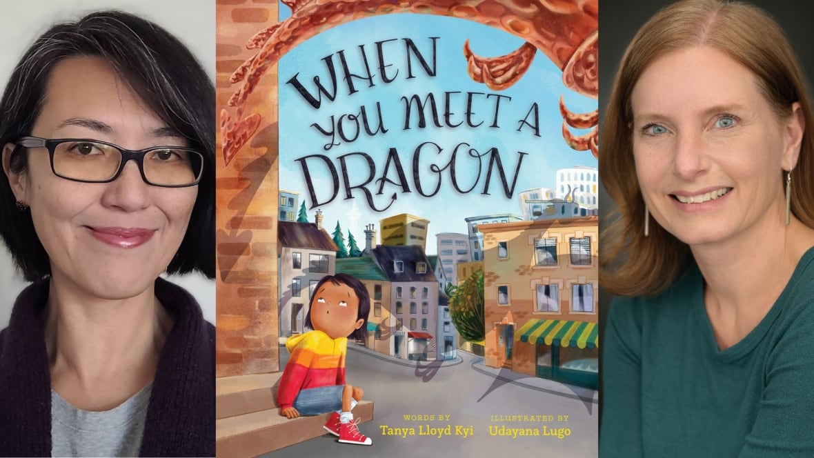 Front cover of When You Meet a Dragon by Tanya Lloyd Kyi, illustrated by Udayana Lugo, showing a young child sitting outside in a city, looking up at a dragon. The book's creators are also featured.