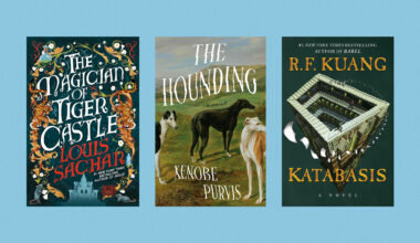Book covers of &lsquo;The Magician of Tiger Castle&rsquo; by Louis Sachar, &lsquo;The Hounding&rsquo; by Xenobe Purvis, and &lsquo;Katabasis&rsquo; by R.F. Kuang