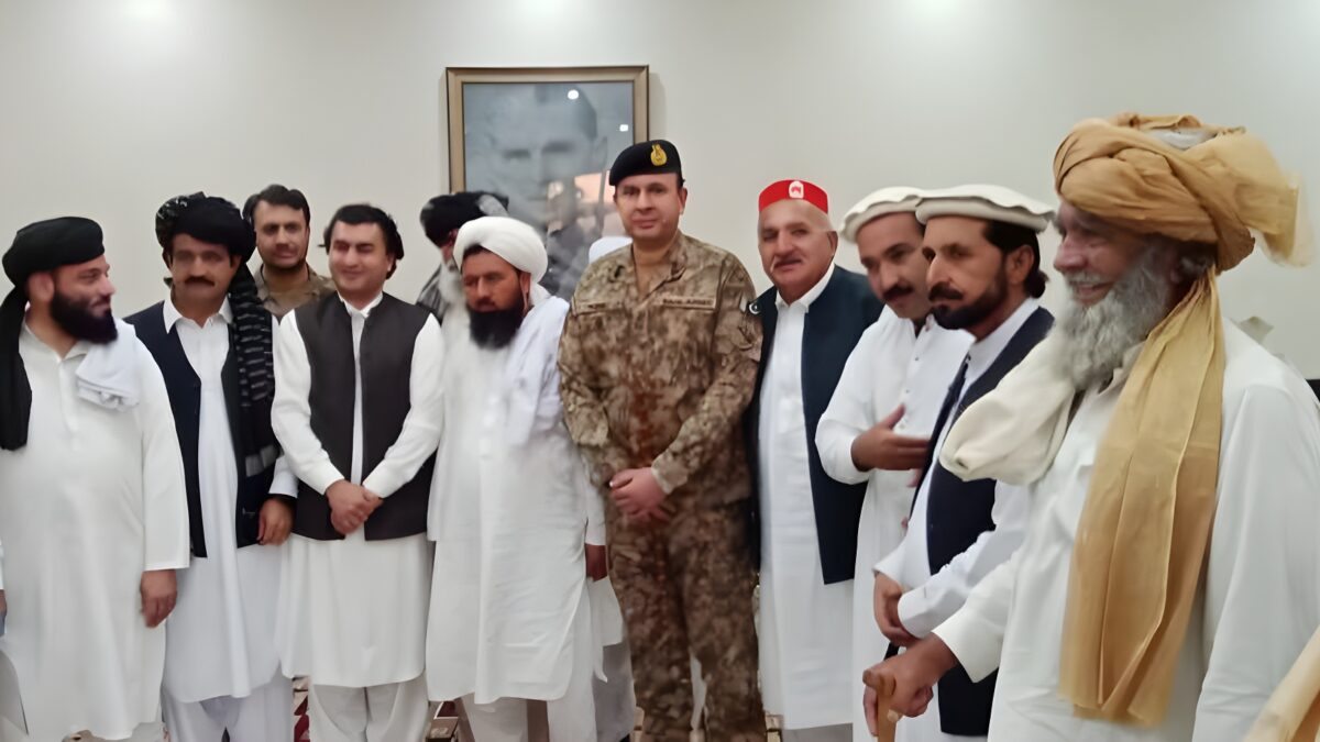 July 11, 2025, Miranshah, North Waziristan: A group photo taken after a meeting between Utmanzai Tribe elders with administrative and military officials and military officials, where they discussed peace and order in the area, along with other demands. Photo provided by: District Administration of North Waziristan