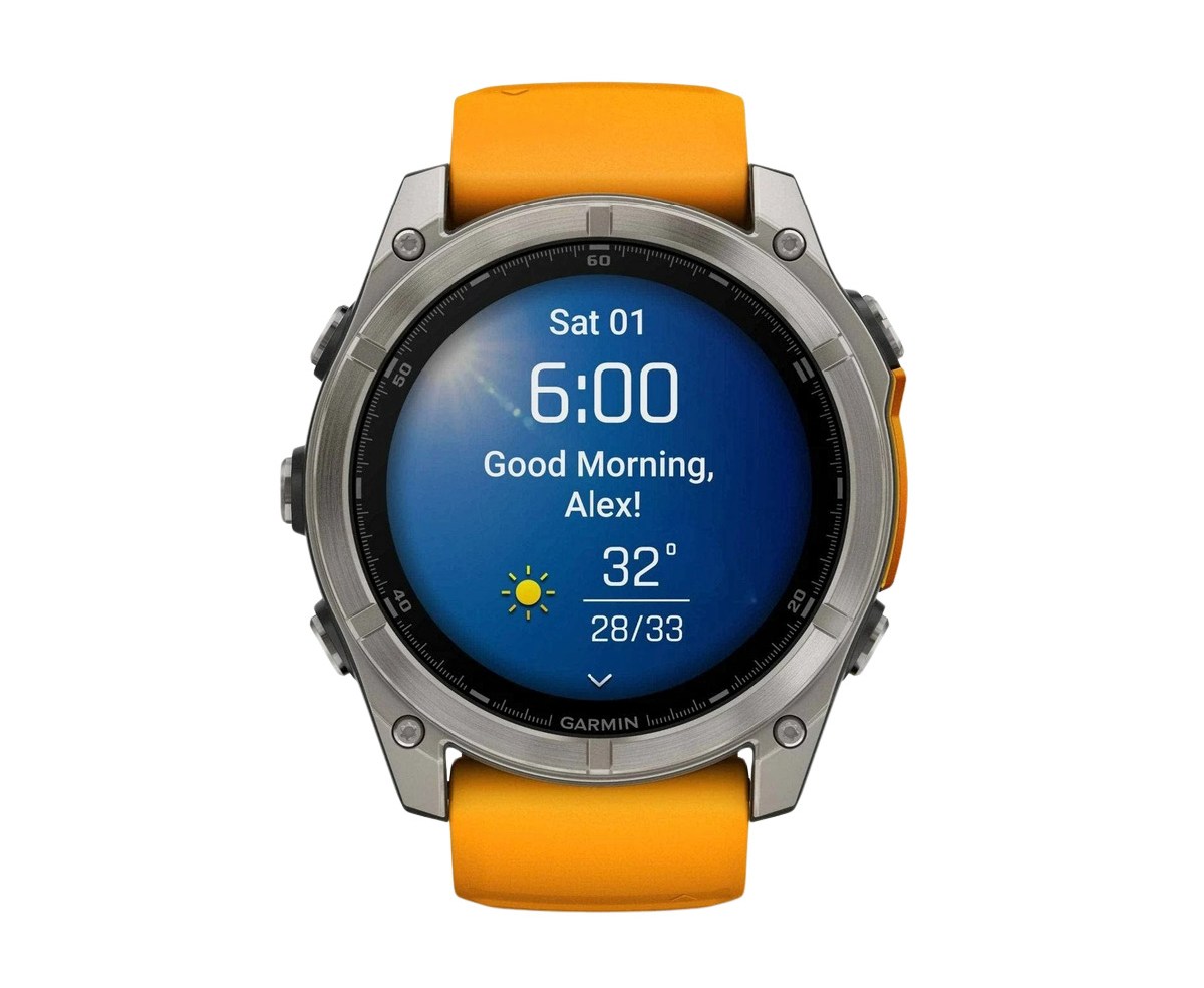 Garmin smartwatch with orange band displaying the time and weather.