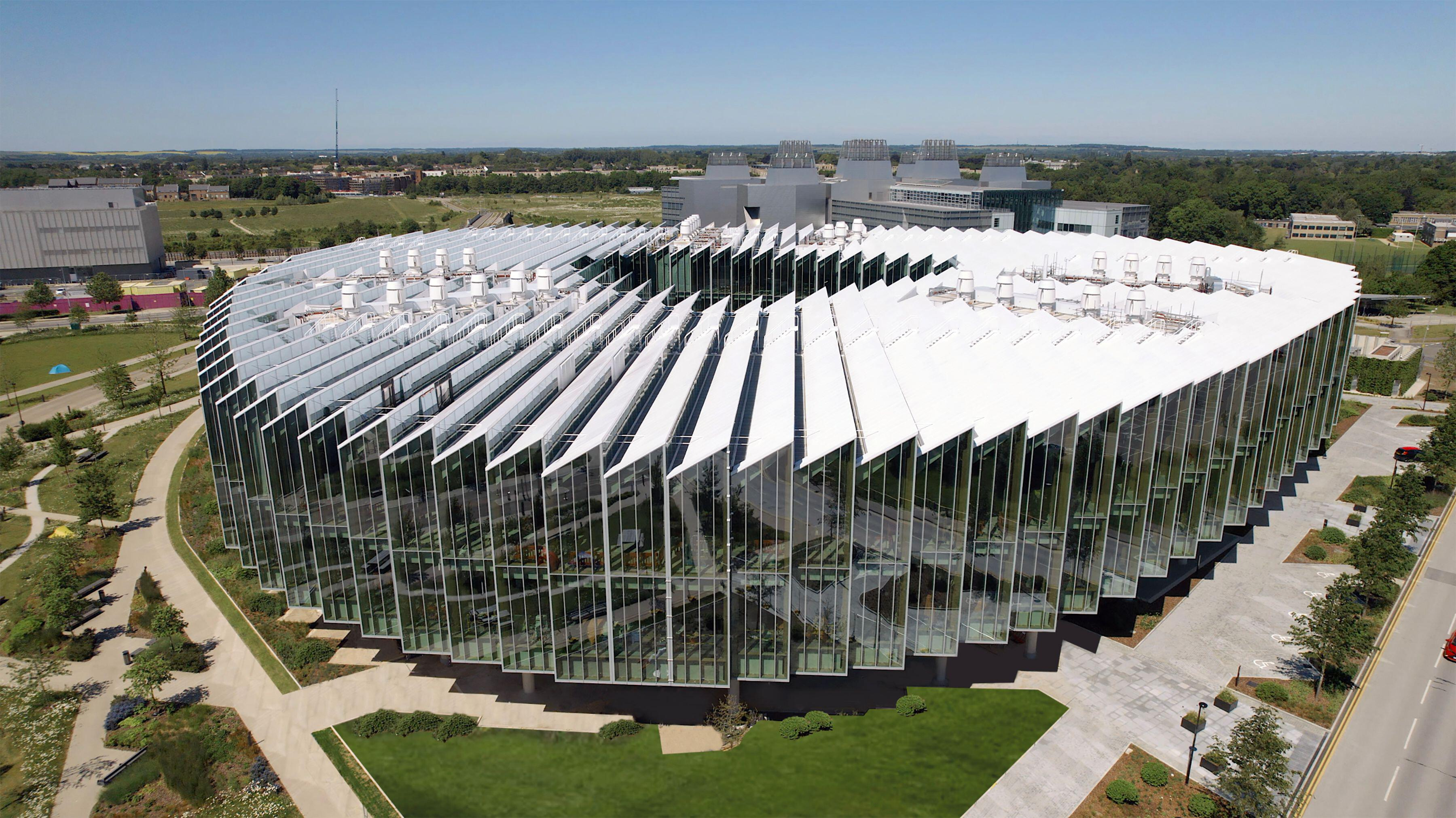 Aerial view of AstraZeneca's R&D building in Cambridge.