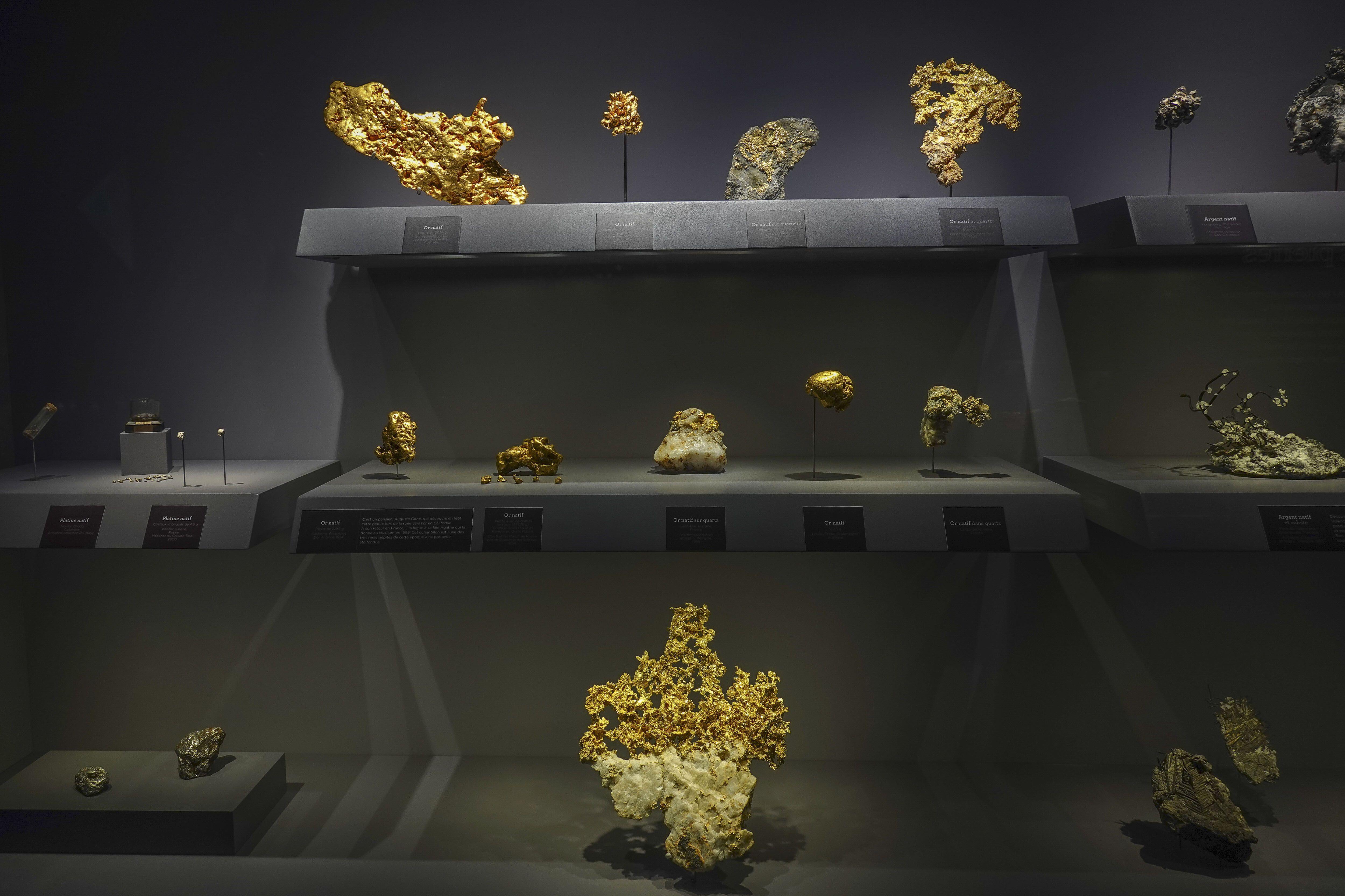 Gold and other mineral specimens on display at the National Museum of Natural History in Paris.