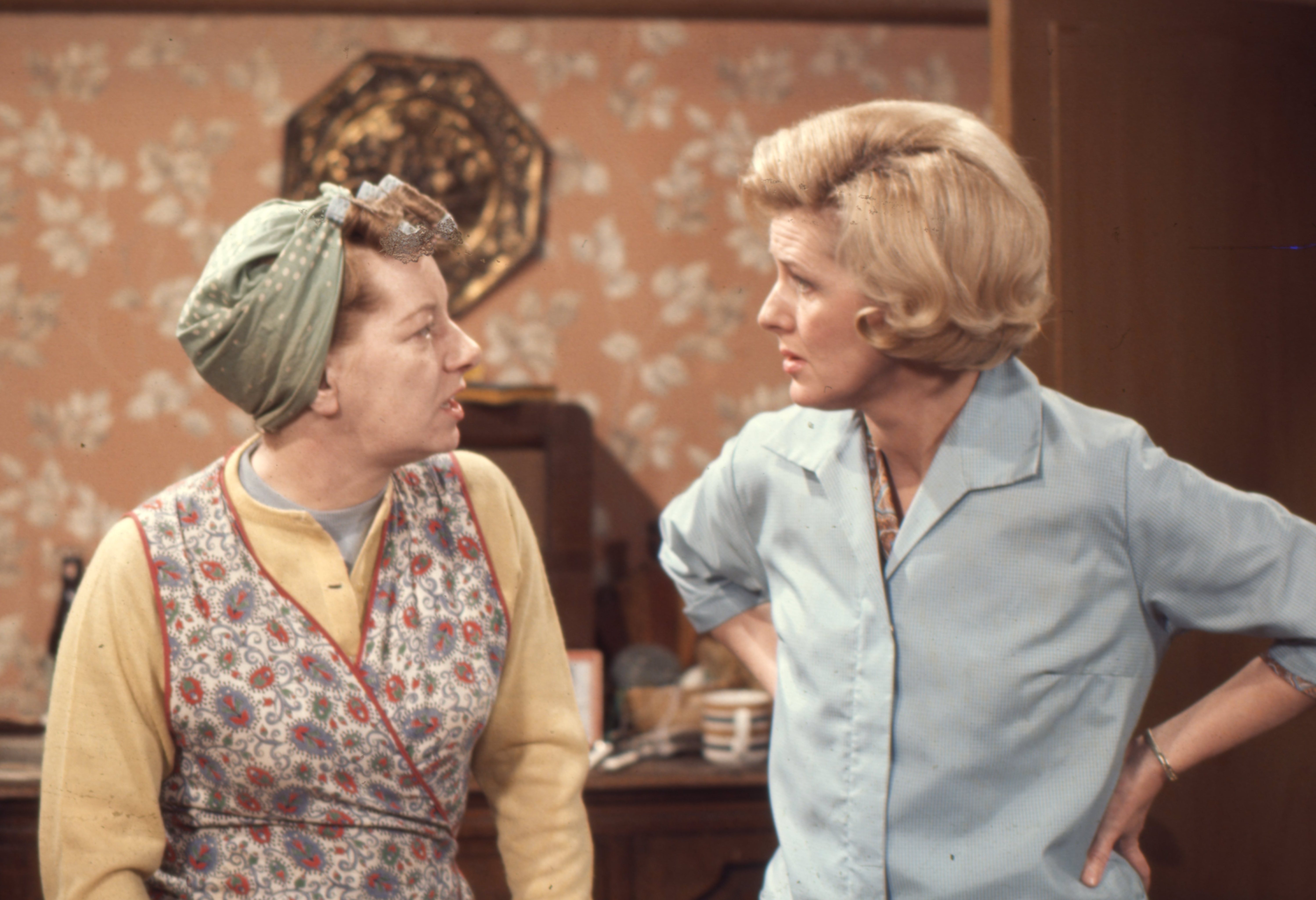 Jean Alexander (as Hilda Ogden) and Irene Sutcliffe (as Maggie Clegg) on the "Coronation Street" TV Show.