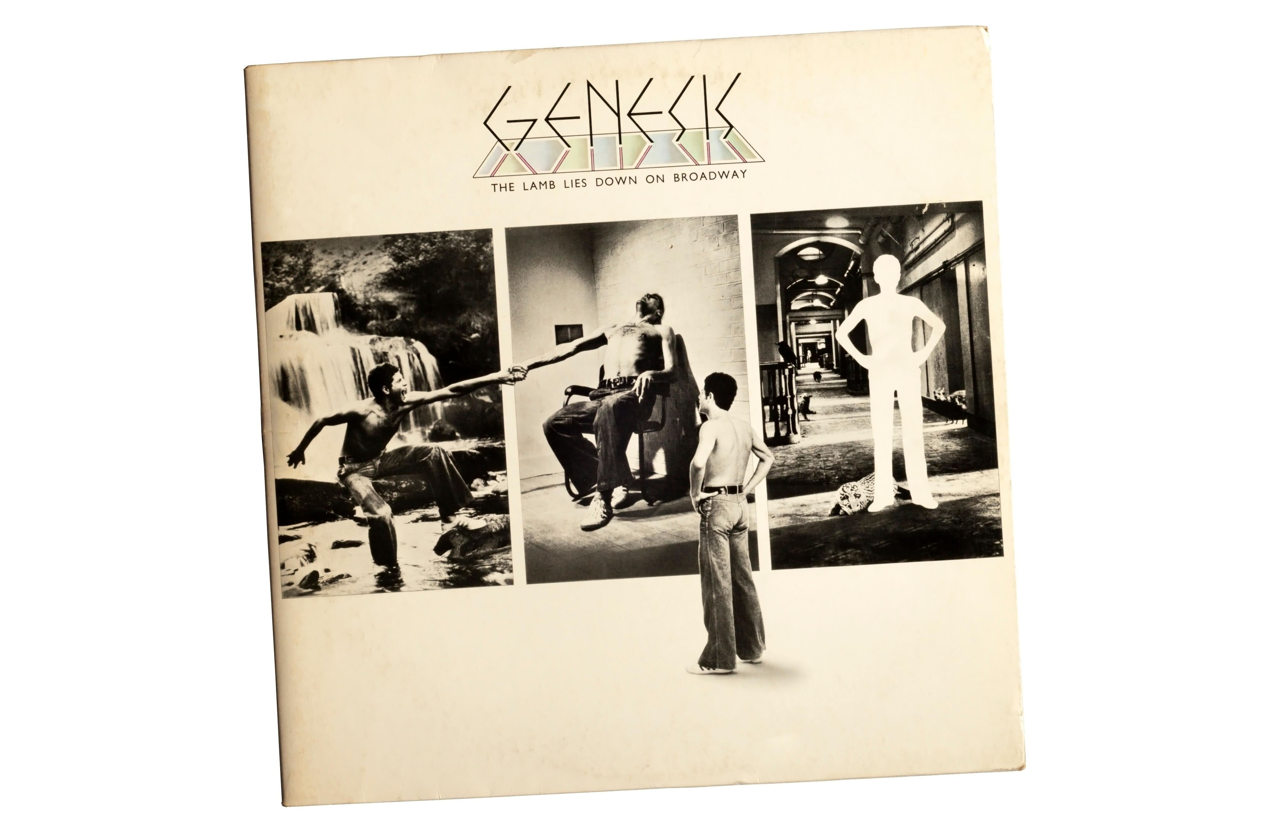 The Lamb Lies Down on Broadway album cover, featuring black and white images of men in various scenes, with the Genesis logo above.