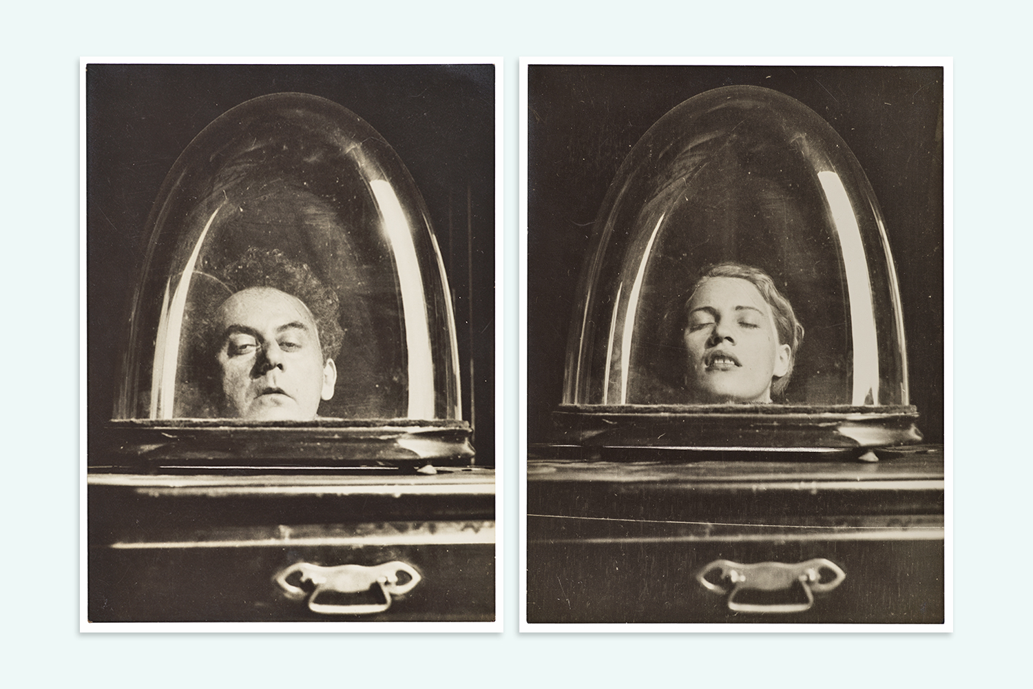 Diptych of Man Ray and Lee Miller under glass domes.
