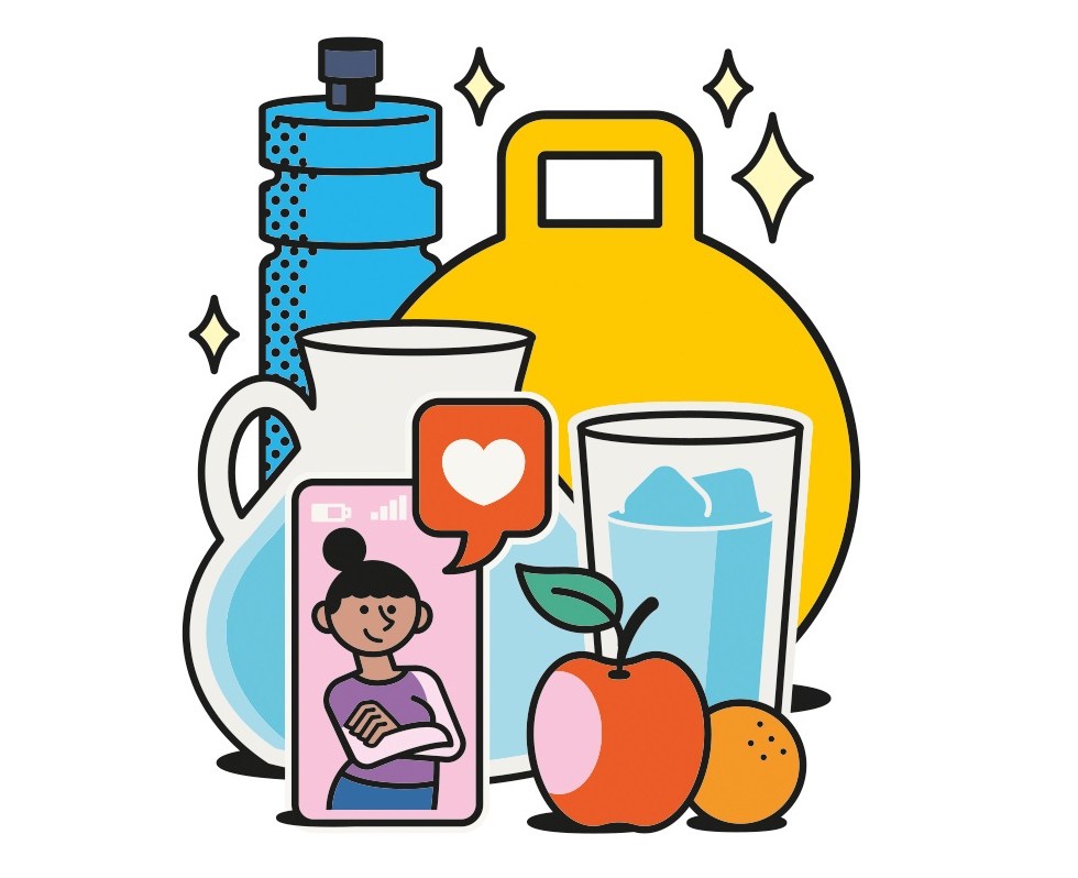Illustration of fitness and healthy lifestyle elements: water bottle, kettlebell, phone showing a woman, fruit, and water glass.
