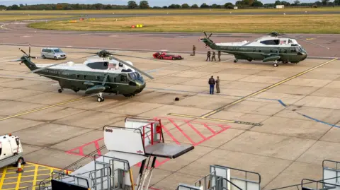 Story Picture Agency President Donald Trump’s helicopters, known as Marine One and Marine Two are seen at Luton Airport after reportedly having to make an emergency landing