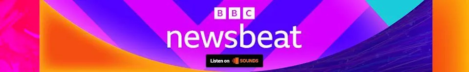 A footer logo for BBC Newsbeat. It has the BBC logo and the word Newsbeat in white over a colorful background of violet, purple and orange shapes. At the bottom a black square reading "Listen on Sounds" is visible.