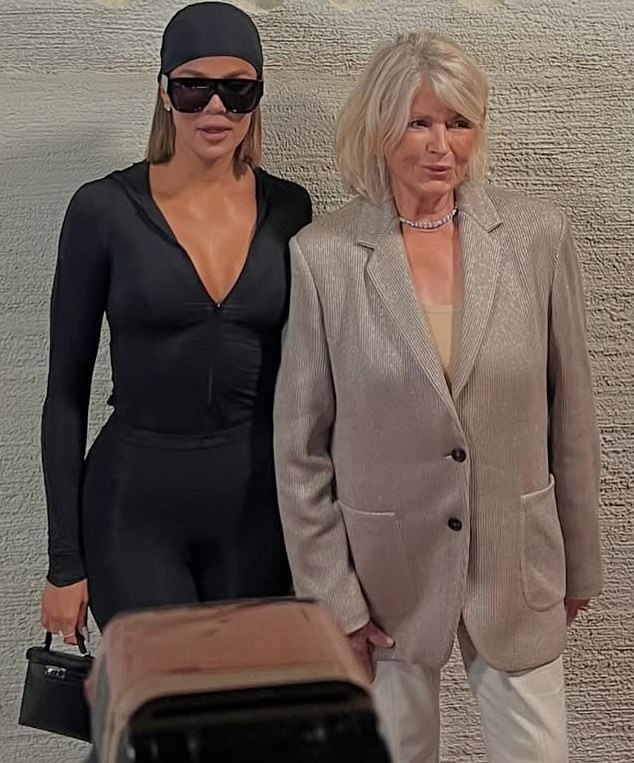 Kim left observers agog in a bizarre sheer purple-grey NikeSKIMS catsuit, while Kris and Khloe complemented her in sleek black skintight shapewear