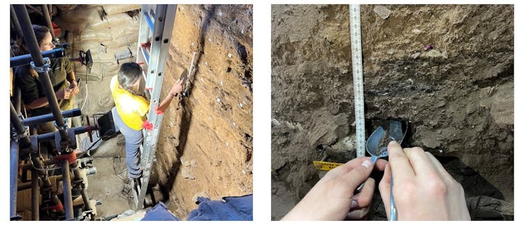 first panel shows a woman standing on a ladder working on the dirt face of the wall in front, second panel is a close up of hands carefully picking at the dirt face