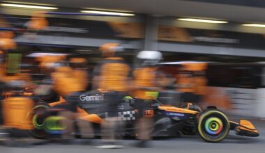 McLaren driver Lando Norris of Britain makes a pit stop during the qualifying for the Azerbaijan Formula One Grand Prix in Baku, Azerbaijan, Saturday, Sept. 20, 2025. (AP Photo/Anton Vaganov, Pool)