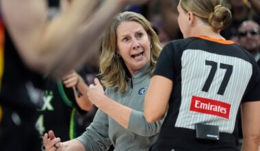 Minnesota Lynx head coach Cheryl Reeve reacts to getting a technical foul by an official during the first half of Game 3 of a WNBA basketball playoff semifinals series game against the Phoenix Mercury Friday, Sept. 26, 2025, in Phoenix. (AP Photo/Ross D. Franklin)