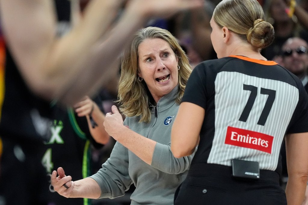 Minnesota Lynx head coach Cheryl Reeve reacts to getting a technical foul by an official during the first half of Game 3 of a WNBA basketball playoff semifinals series game against the Phoenix Mercury Friday, Sept. 26, 2025, in Phoenix. (AP Photo/Ross D. Franklin)