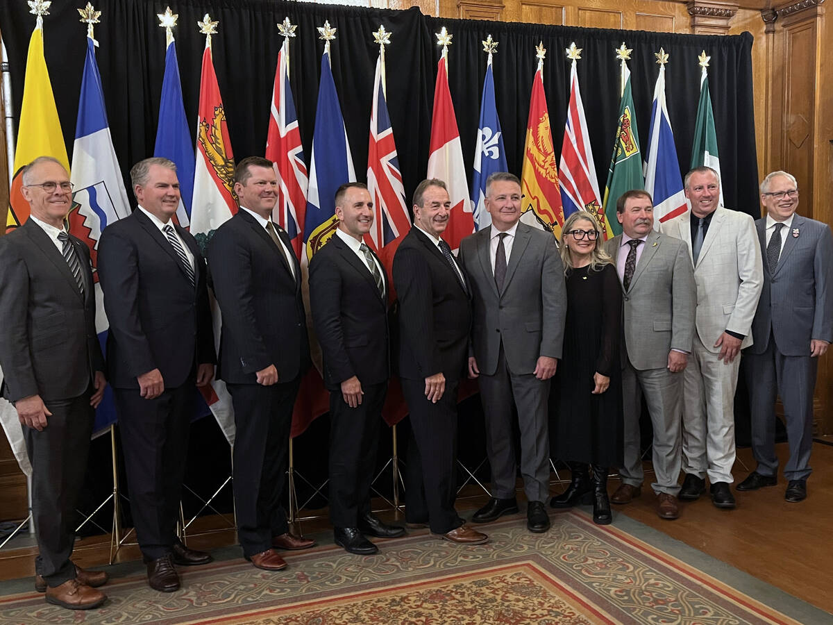 From left New Brunswick agriculture minister Pat Finnigan, PEI minister Bloyce Thompson, Alberta minister RJ Sigurdson, Ontario minister Trevor Jones, Manitoba minister Ron Kostyshyn, federal minister Heath MacDonald, BC minister Lana Popham, Sask minister Daryl Harrison, Nova Scotia Greg Morrow and John Streicker from Yukon.