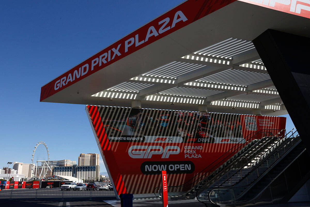 The Grand Prix Plaza entrance on Friday, May 2, 2025, in Las Vegas. (Bizuayehu Tesfaye/Las Vega ...