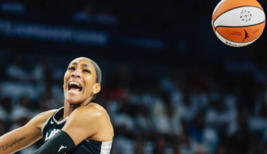 Aces center A'ja Wilson reacts to losing the ball during game one of a first round WNBA pl ...