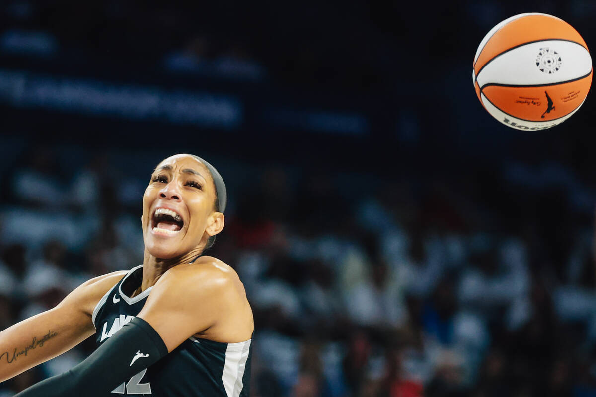Aces center A'ja Wilson reacts to losing the ball during game one of a first round WNBA pl ...