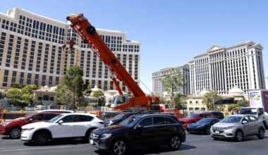 Traffic is backed up in front of the Bellagio as Las Vegas Grand Prix prep begins in front of t ...