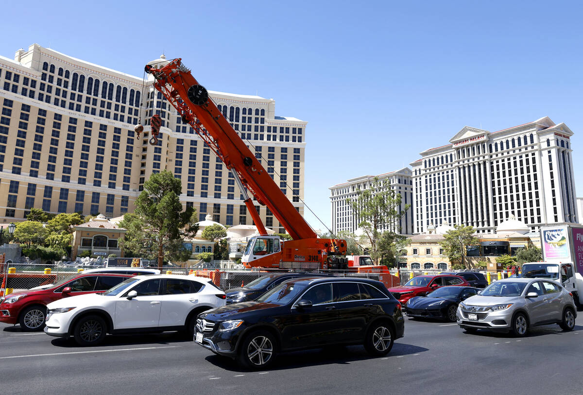 Traffic is backed up in front of the Bellagio as Las Vegas Grand Prix prep begins in front of t ...