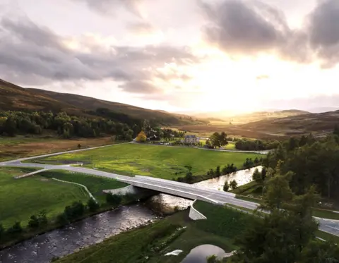 Simon Kennedy Drone image of Gairnshiel Jubilee Bridge taken as the sun starts to set. It looks clean and neat set in perfect green grassy surroundings, the hills rilling into the distance and a large house sitting in the background.