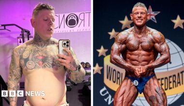 Composite of Robert taking a selfie of himself, apparently overweight, in a gym on the left with a picture on the right of him flexing his ripped muscles at a contest.