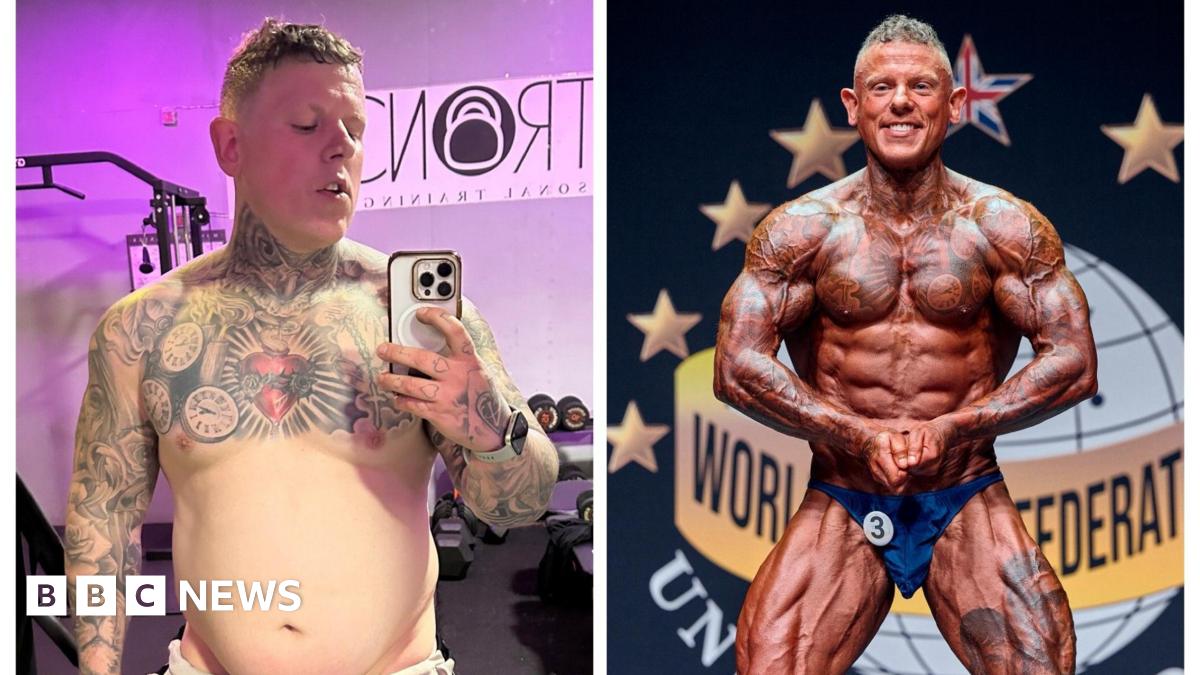 Composite of Robert taking a selfie of himself, apparently overweight, in a gym on the left with a picture on the right of him flexing his ripped muscles at a contest.