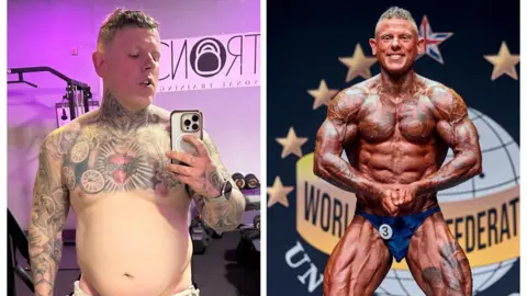 @robertschofieldpt Composite of Robert taking a selfie of himself, apparently overweight, in a gym on the left with a picture on the right of him flexing his ripped muscles at a contest.
