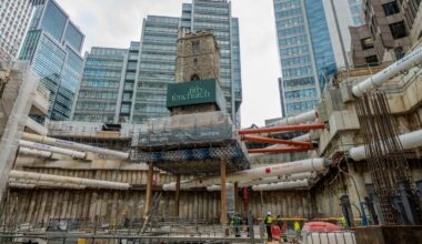 Historic church tower suspended on stilts to make way for London skyscraper