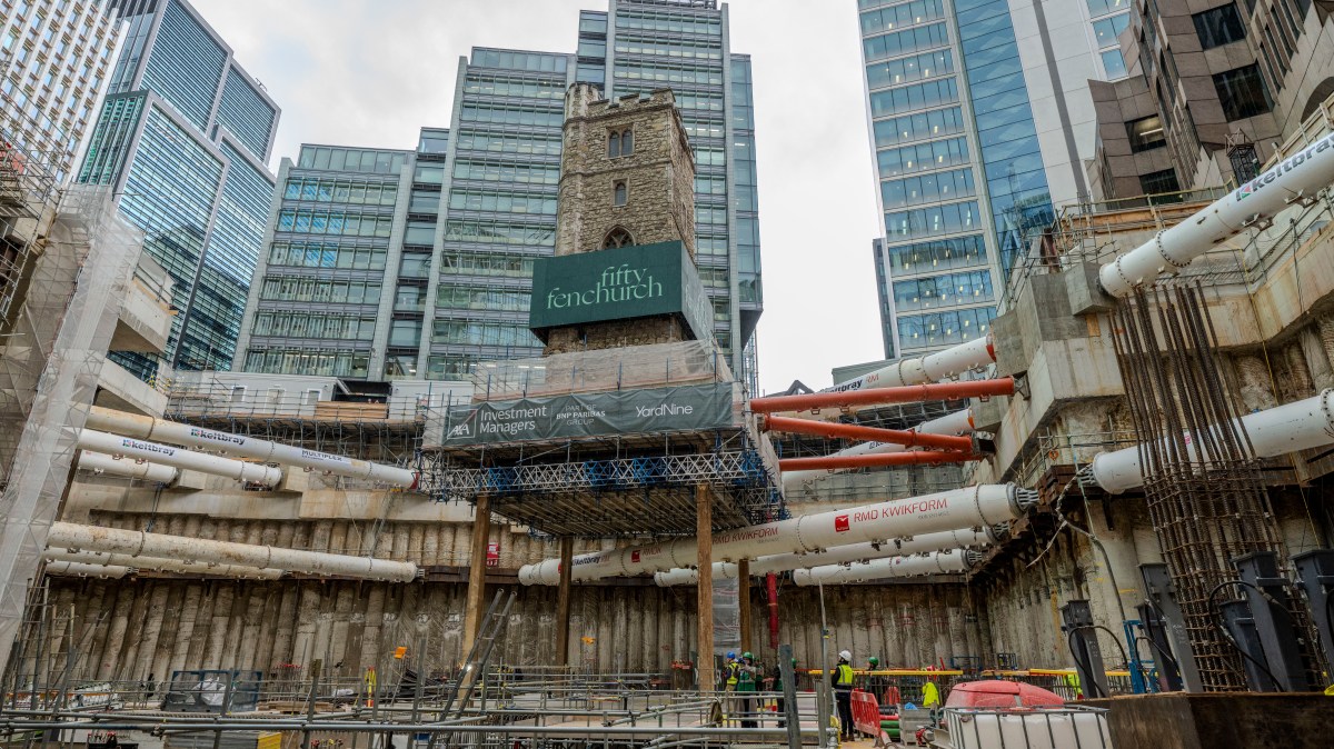 Historic church tower suspended on stilts to make way for London skyscraper