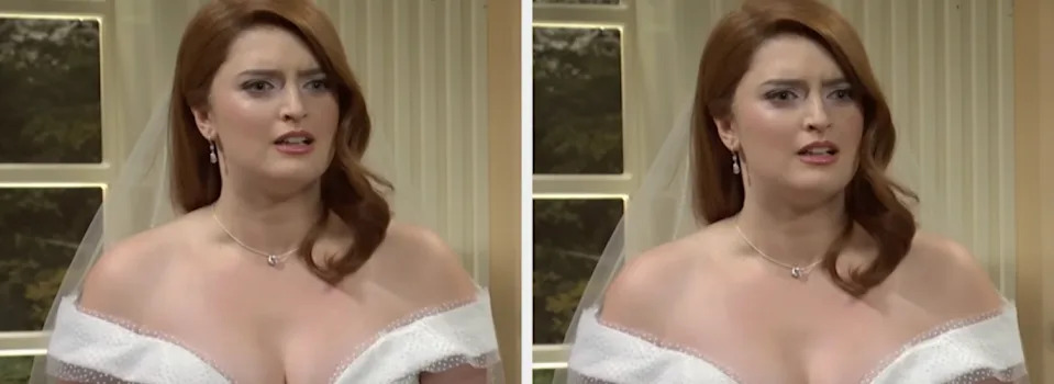 A person in an off-shoulder dress, possibly in a formal setting. They appear to be reacting or speaking