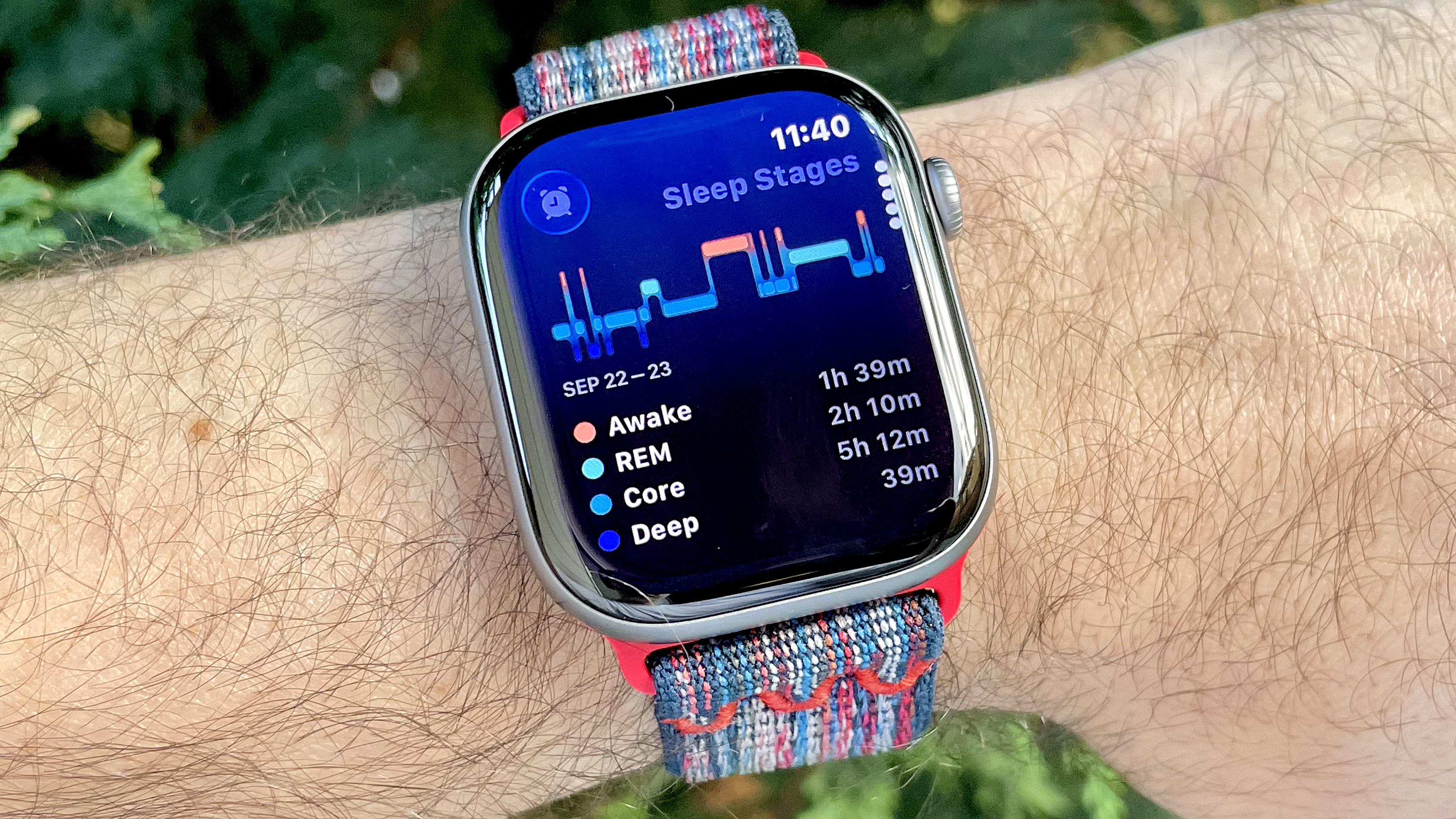 Close-up of the Apple Watch Series 11 showing a user's sleep score