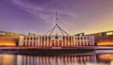 A photograph of Parliament House at sunrise.