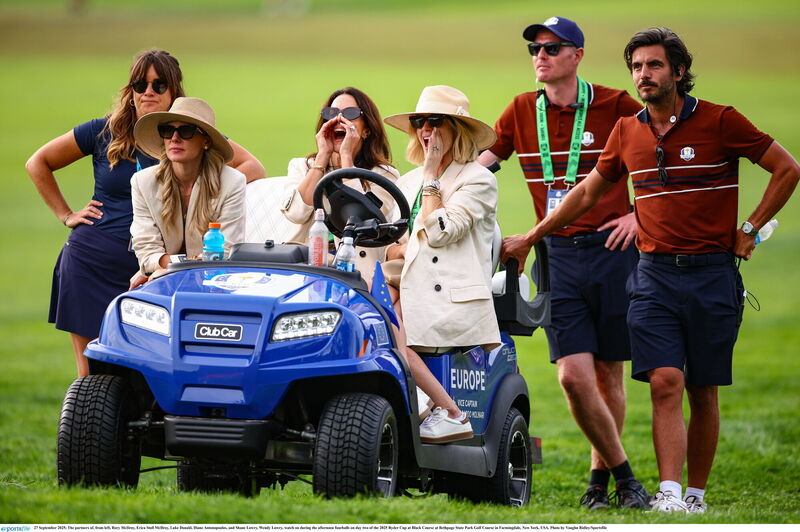 FAMILY STRENGTH: The partners of, from left, Rory McIlroy, Erica Stoll McIlroy, Luke Donald, Diane Antonopoulos, and Shane Lowry, Wendy Lowry, watch on during the afternoon fourballs on day two of the 2025 Ryder Cup at Black Course at Bethpage State Park Golf Course in Farmingdale, New York, USA. Photo by Vaughn Ridley/Sportsfile