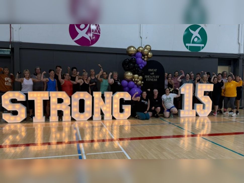 Participants of the Shea Fust Fitness 15-year celebration gather after the weekend fundraiser, which raised $1,400 in support of Central Plains Cancer Services. Submitted Photo/Shea Fust