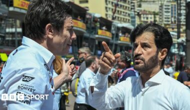 FIA president Mohammed Ben Sulayem speaking to Mercedes F1 boss Toto Wolff at the 2024 Monaco Grand Prix