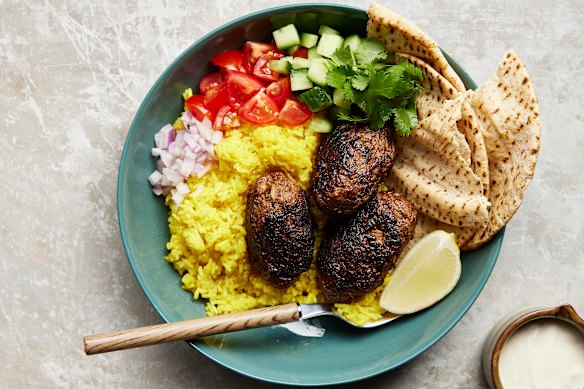Serve lamb kofta with turmeric rice and tzatziki as bowls or wraps.