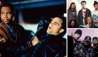 A scene from the movie Judgment Night with insets of Faith No More and Cypress Hill
