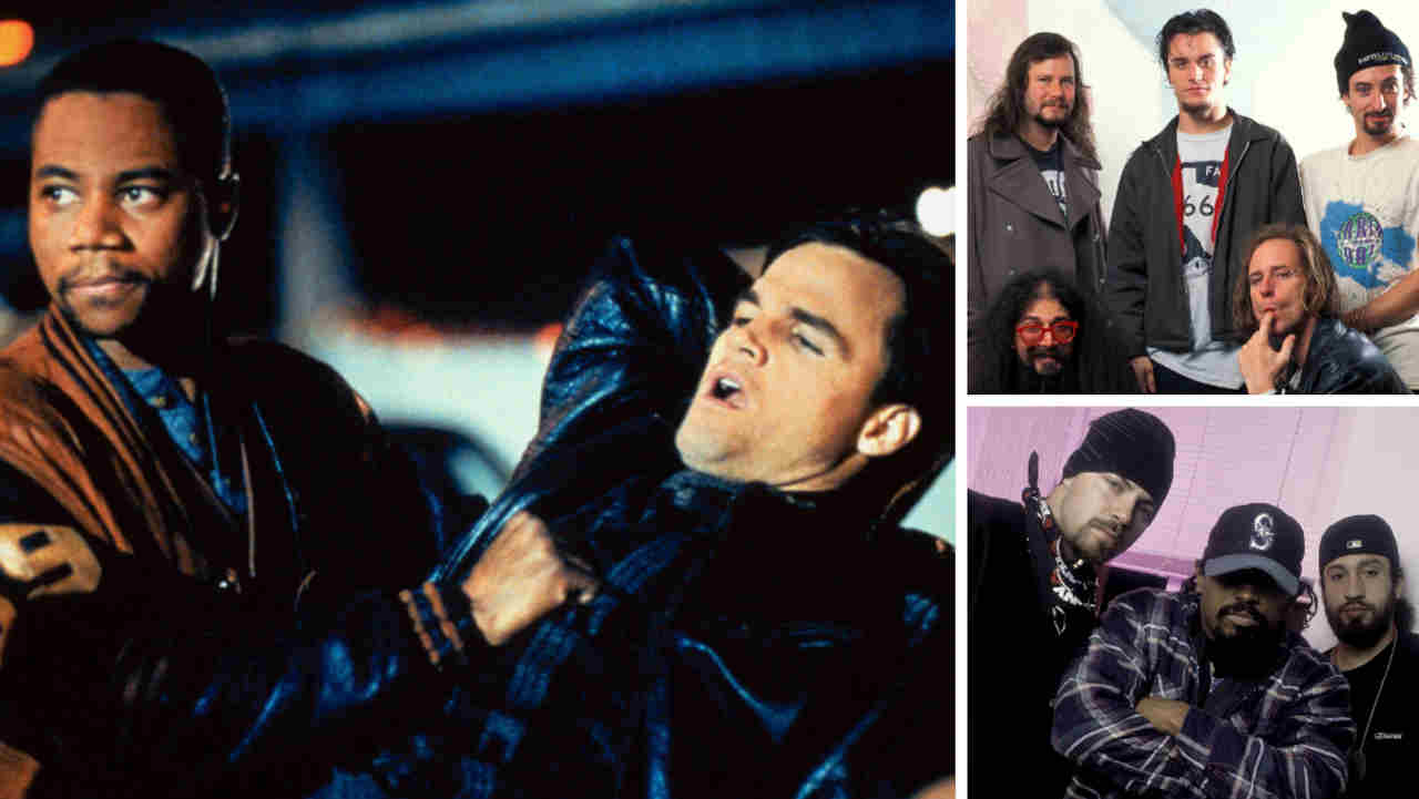 A scene from the movie Judgment Night with insets of Faith No More and Cypress Hill
