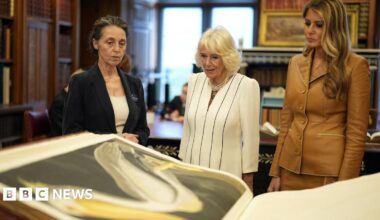 Queen Camilla and Melania Trump inspect a large book bearing an illustration of a pelican.
