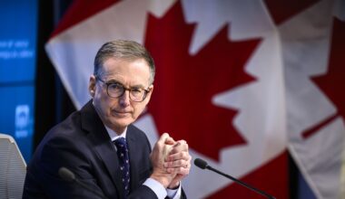 Bank of Canada governor Tiff Macklem in a suit and glasses sitting at a table with Canadian flags in the background.