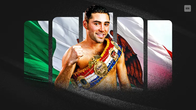 Oscar De La Hoya in the ring, known as “The Golden Boy,” always smiling with gloves raised.