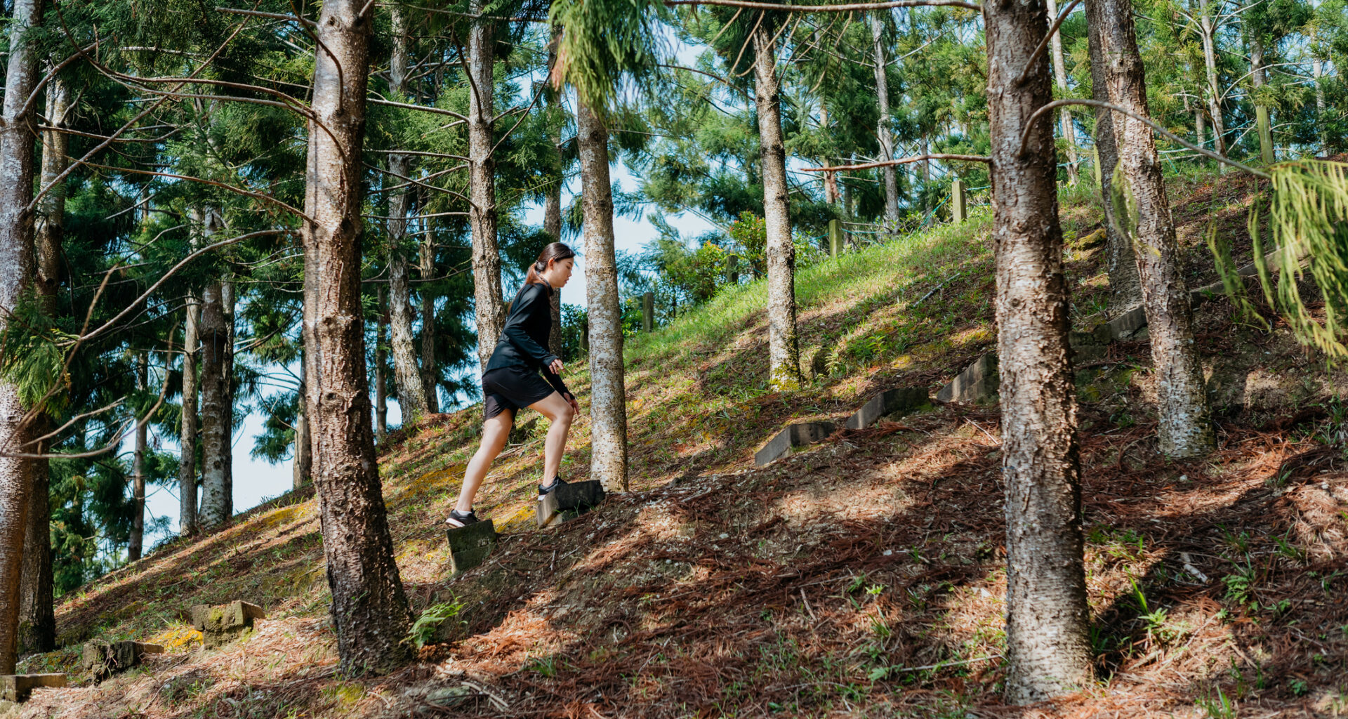 Woman walks up hill among trees