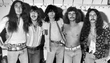 Uriah Heep posing for a photograph in 1975
