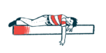 A person is shown lying on his stomach on a bed.
