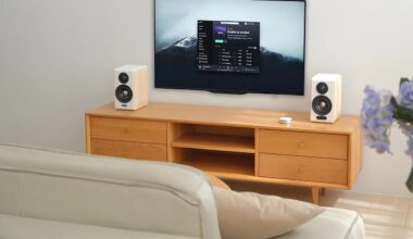 Wooden TV stand with four drawers and two open shelves, holding two white speakers and a small round device. A flat-screen TV mounted on the wall above displays a music playlist. A beige sofa with a pillow is in the foreground, and purple flowers are partially visible on the right side.