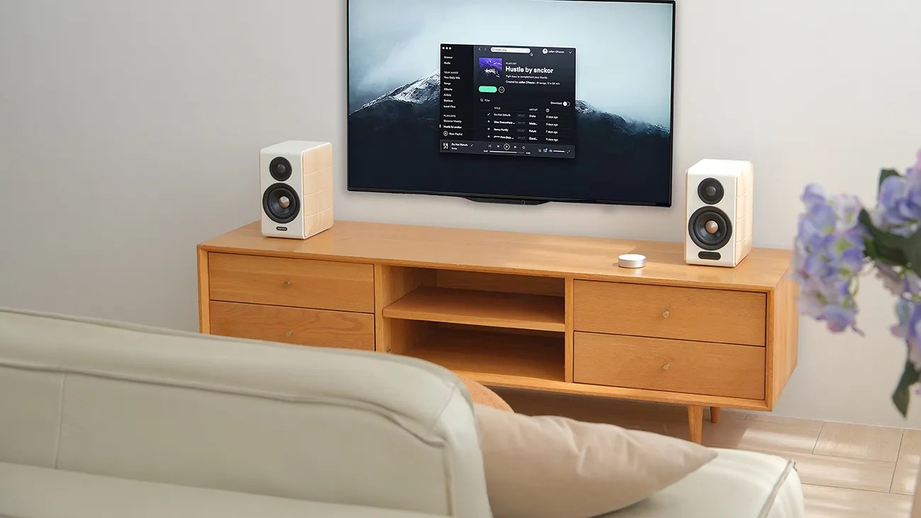 Wooden TV stand with four drawers and two open shelves, holding two white speakers and a small round device. A flat-screen TV mounted on the wall above displays a music playlist. A beige sofa with a pillow is in the foreground, and purple flowers are partially visible on the right side.