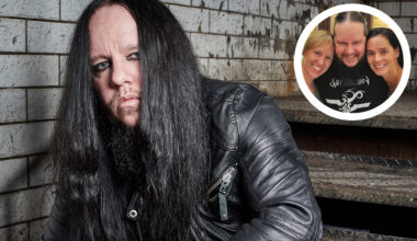 Joey Jordison posing for a photograph with an inset of Joey with his sisters