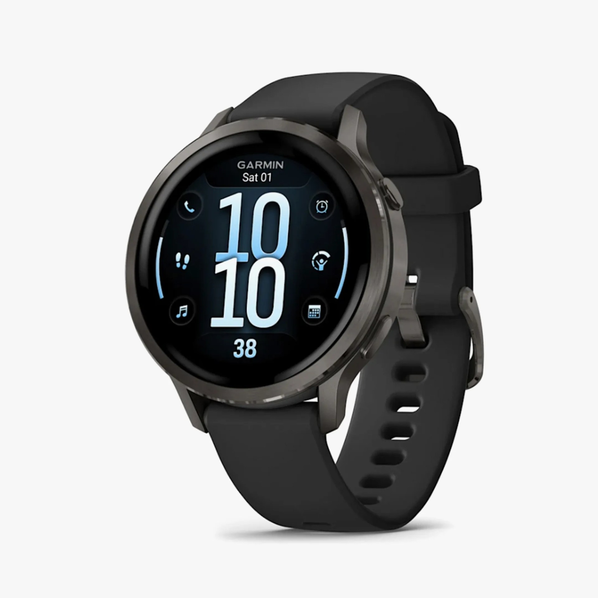 Garmin smartwatch with a round black face and black silicone strap, displaying the time 10:10, date Sat 01, and various icons for phone, alarm, steps, activity, music, and calendar.