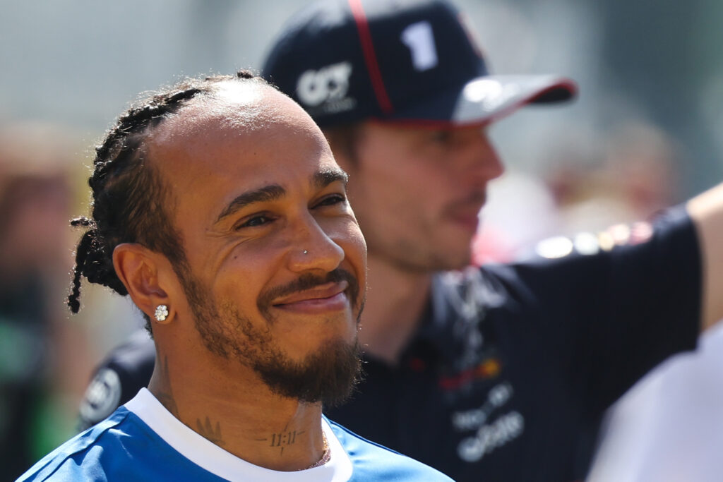 Lewis Hamilton of Ferrari and Max Verstappen of Red Bull Racing ahead of the Formula 1 Italian Grand Prix at Autodromo Nazionale di Monza in Monza, Italy on September 7, 2025.