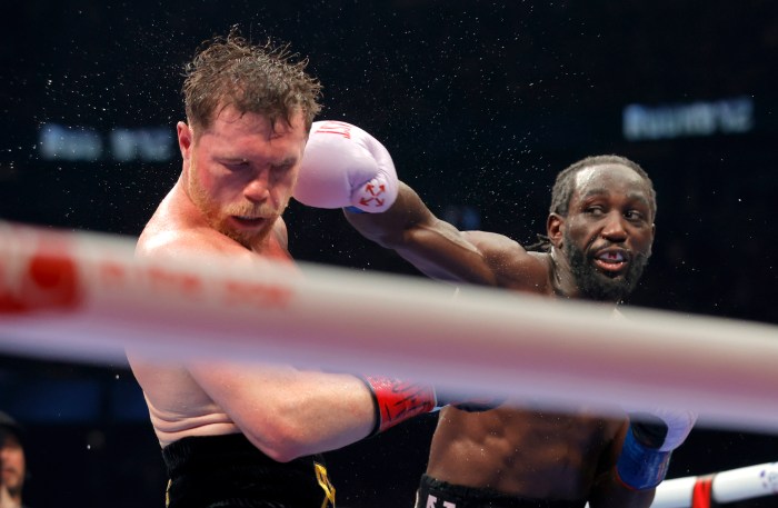 Canelo Alvarez takes a punch from Terence Crawford during a boxing match